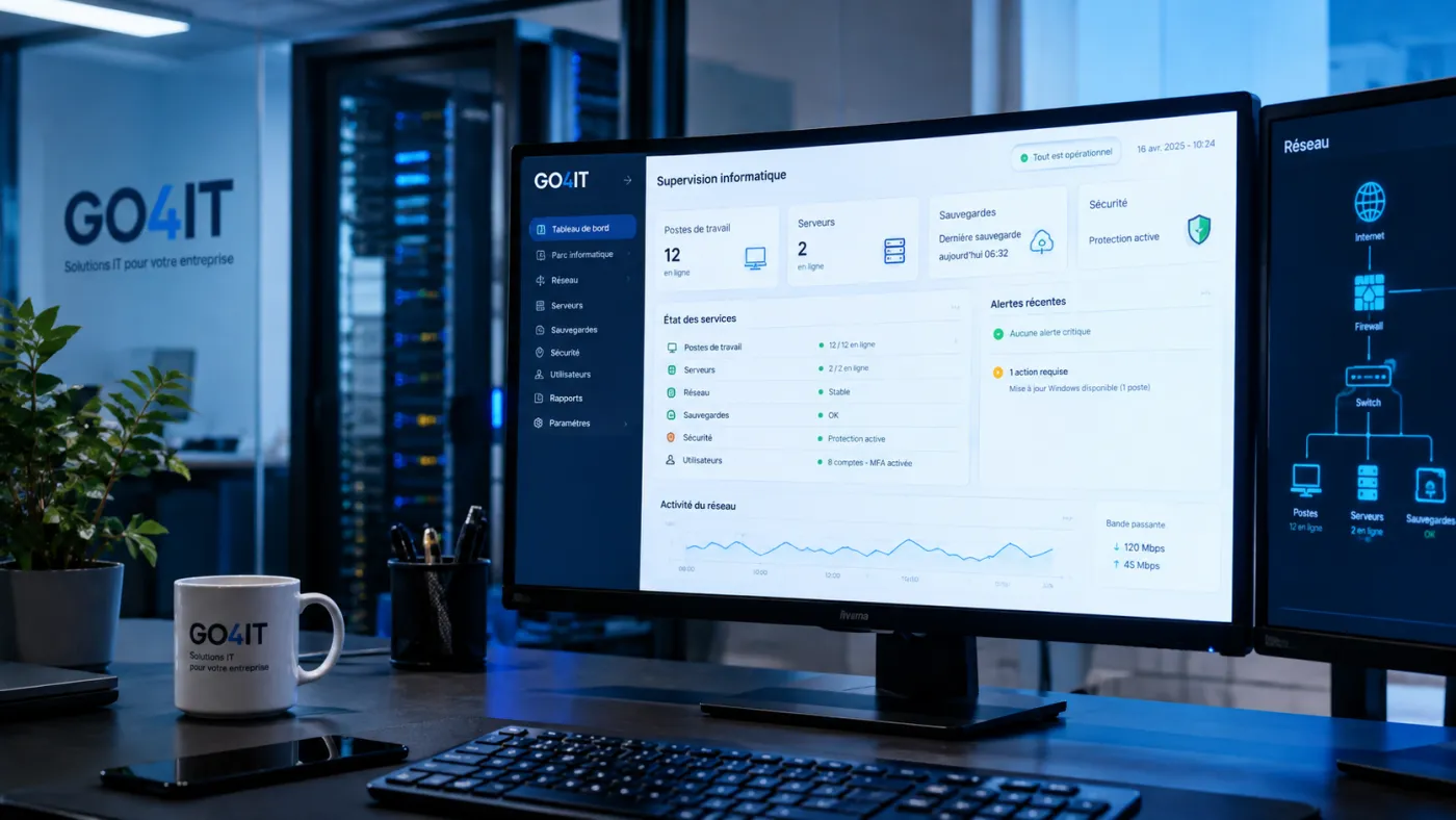Poste de supervision GO4IT : tableau de bord de suivi des postes, serveurs, sauvegardes et du réseau